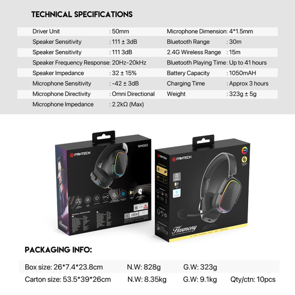 FANTECH Bežične gaming slušalice WHG02 Harmony, crna - 217308
