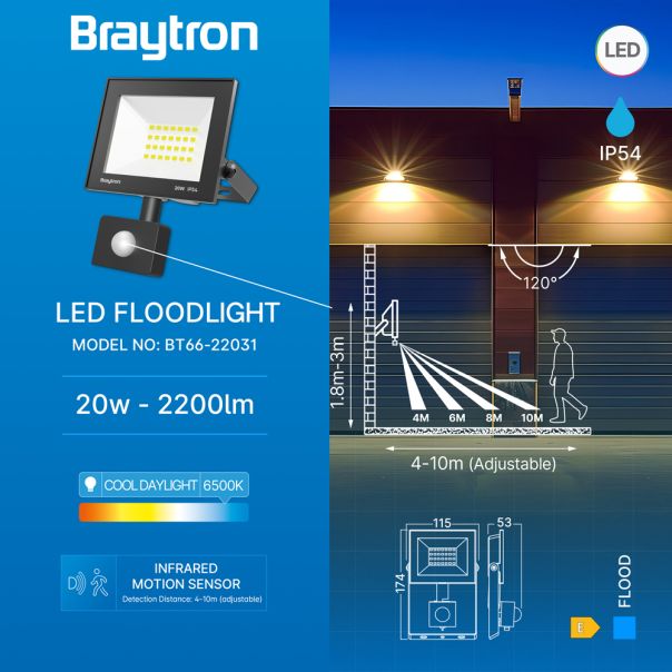 BRAYTRON LED reflektor BRY-FLOOD-CF-20W-BLC-6500K-SNS-IP54 - BT66-22031
