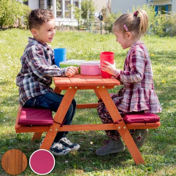 KINDER HOME Garnitura za baštu KINDER HOME, Dečiji sto za piknik sa klupama i mekim jastucima - C089
