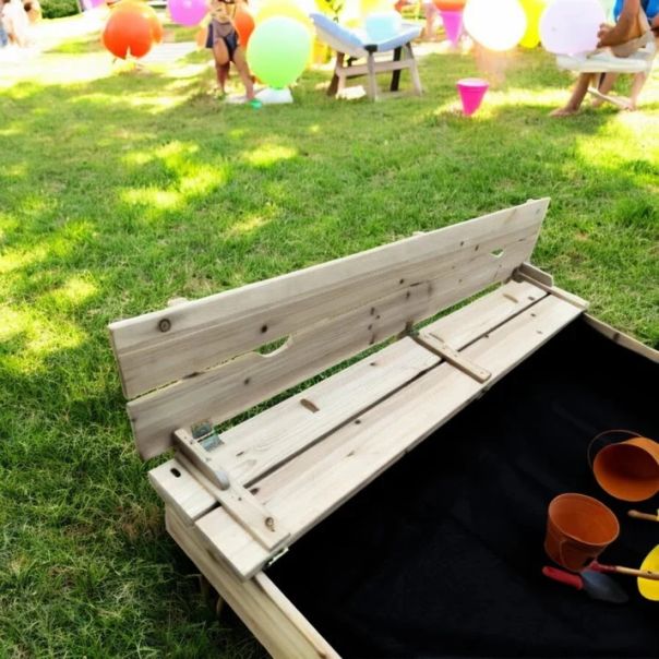 Veliki dečiji pesčanik sa klupama i preklopnim poklopcem KINDER HOME  drveni - C1113