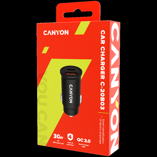 CANYON Punjač za auto USB-A/C,С-20B03 - CNS-CCA20B03
