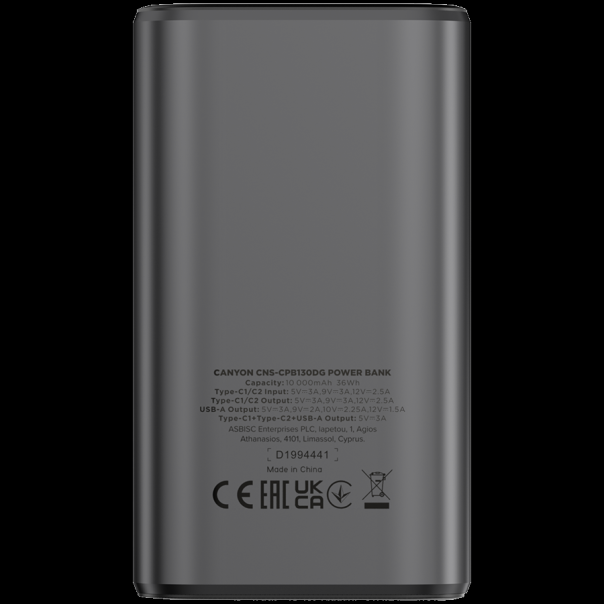 CANYON Power bank OnPower 130 TFT 10000 mAh PD30W, siva - CNS-CPB130DG