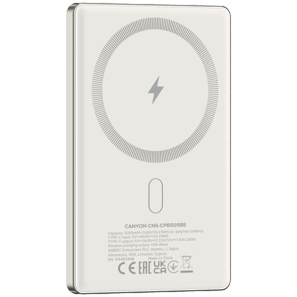 CANYON Power bank OnPower 505 slim Magsafe 5000 mAh PD20W, bež - CNS-CPB505BE