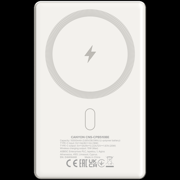 CANYON Power bank OnPower 510 slim Magnetic 10000 mAh PD20W, bež - CNS-CPB510BE