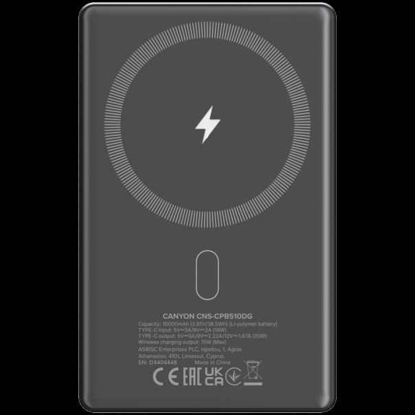 CANYON Power bank OnPower 510 slim Magnetic 10000 mAh PD20W, siva - CNS-CPB510DG