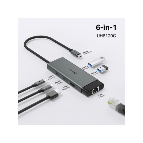 Hub TP-LINK UH6120C USB Type-C 6-Port Hub/1×USB-C/1× HDMI 4K 60Hz Port/1  USB-C PD 100W Port/1× RJ4 - EP3025397