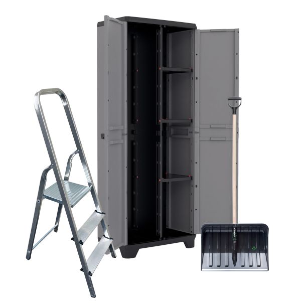 Plastični ormar za terasu 68x39x173 + ALU Merdevine, 3 gazišta + Lopata za sneg, drvena drška - COMBOJESEN26