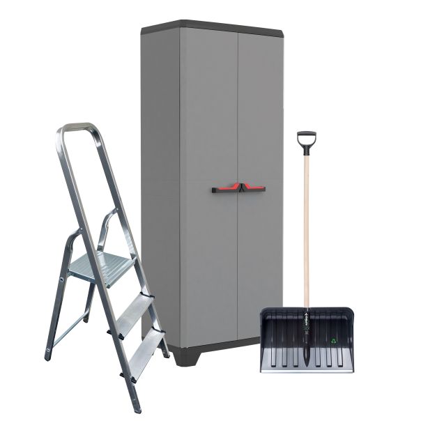 Plastični ormar za terasu 68x39x173 + ALU Merdevine, 3 gazišta + Lopata za sneg, drvena drška - COMBOJESEN26