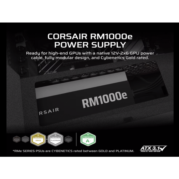 CORSAIR NAPAJANJE RM1000e 1000W ATX 3.1 PCIe 5.1 80+GOLD modularno CRNA - CP-9020297-EU
