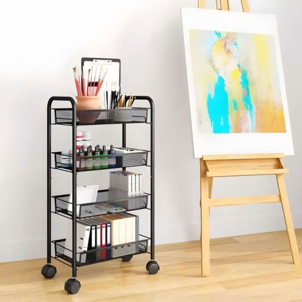 MODERNHOME Crna metalna polica sa točkićima za kupatilo kuhinju ili  4 nivoa - KJZT090