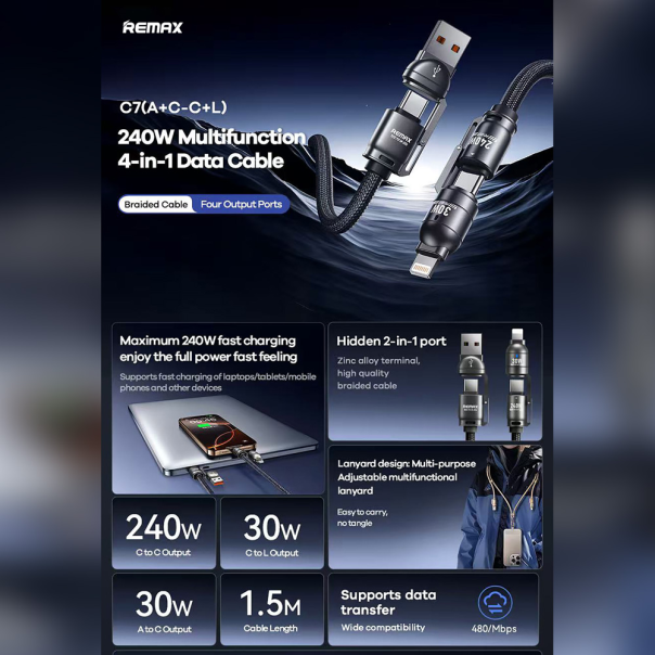 Crossbody visenamenski data kabl REMAX Vanguard 240W C7(A+C-C+L) 1,5m - 221837