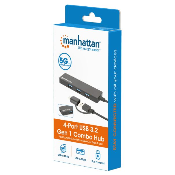 USB-C HUB 4port Manhattan 180863 3.2 G1+USB-C/5Gbps/Crni - EP3020426