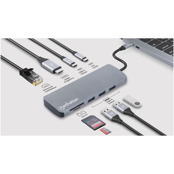 MANHATTAN Docking station 190459 9in1 USB-C - 1xHDMI/5xUSB/LAN/CR/PD 100W - EP3197369