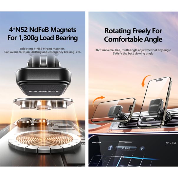 AWEI Držač za mobilni telefon X52 magnet, crna - D2034