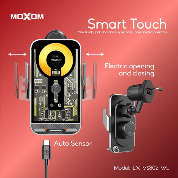 MOXOM Držač za mobilni telefon LX-VS802 sa bezicnim punjenjem 15W, crna - D2040
