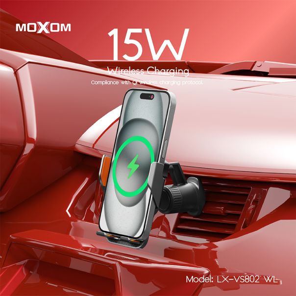 MOXOM Držač za mobilni telefon LX-VS802 sa bezicnim punjenjem 15W, crna - D2040