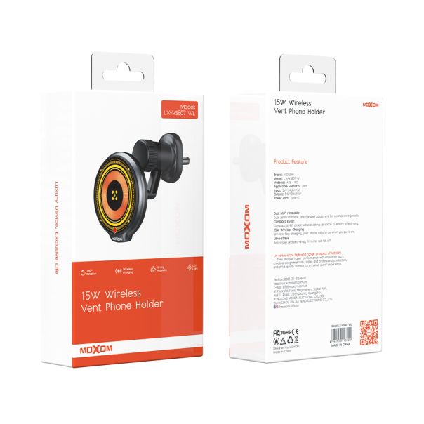 MOXOM Drzač za mobilni telefon sa bežičnim punjenjem, 15W, LX-VS807, crna - D2046