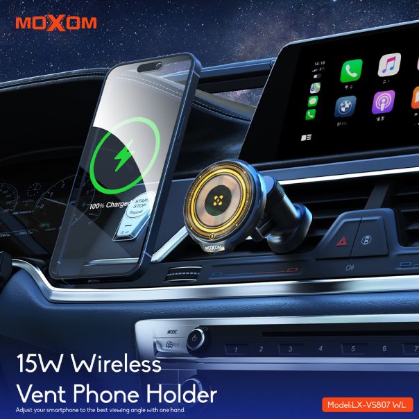 MOXOM Drzač za mobilni telefon sa bežičnim punjenjem, 15W, LX-VS807, crna - D2046