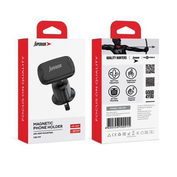 SUPERIOR Drzač za mobilni telefon C5S-F1P (magnet i ventilacija sa kukicom), crna - D2093