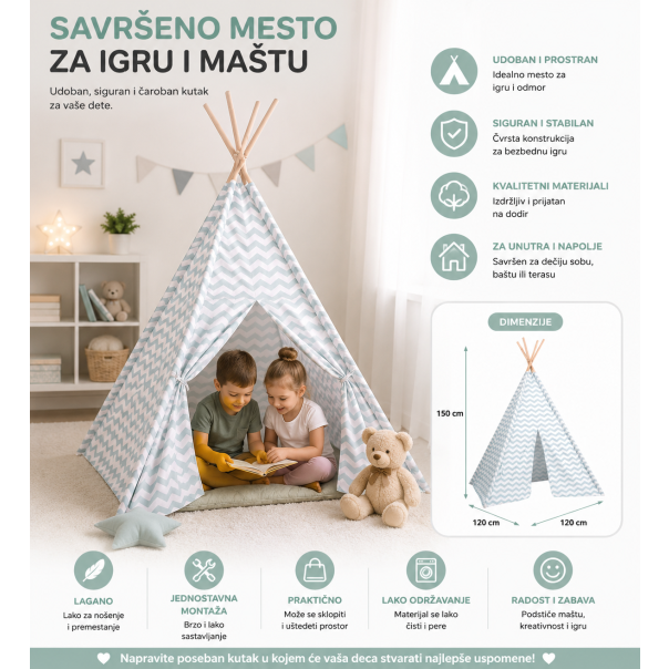 EDDY TOYS Tipi šator za decu tirkizni 120x120x150 cm - EP3270761