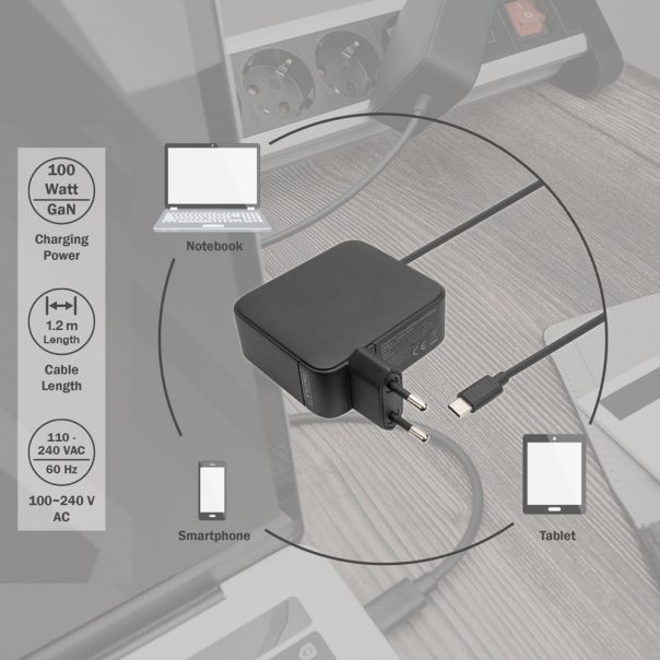 DIGITUS Univerzalni GaN USB-C punjač 100W DA-10072, 1.2m, crna - DA-10072