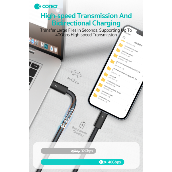 Data kabl Coteci Thunderbolt 87315 40Gbps 100W 8k PD Type C na Type C crni 1m - 223747