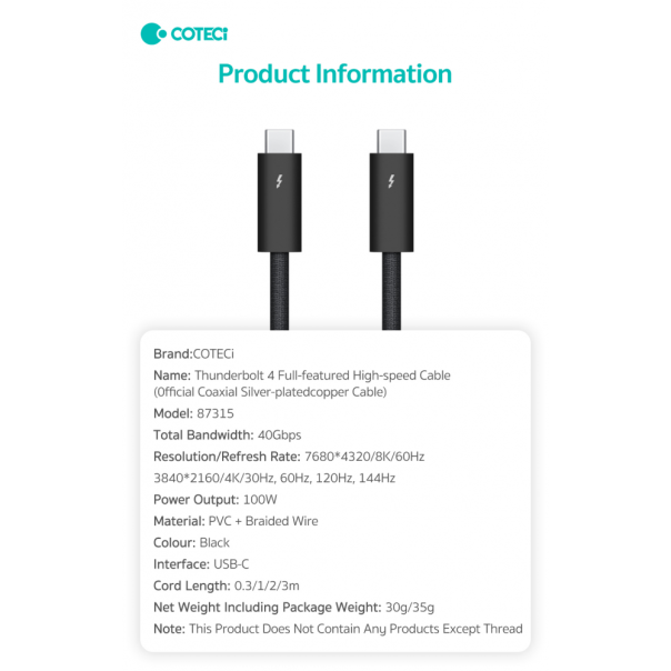 Data kabl Coteci Thunderbolt 87315 40Gbps 100W 8k PD Type C na Type C crni 1m - 223747