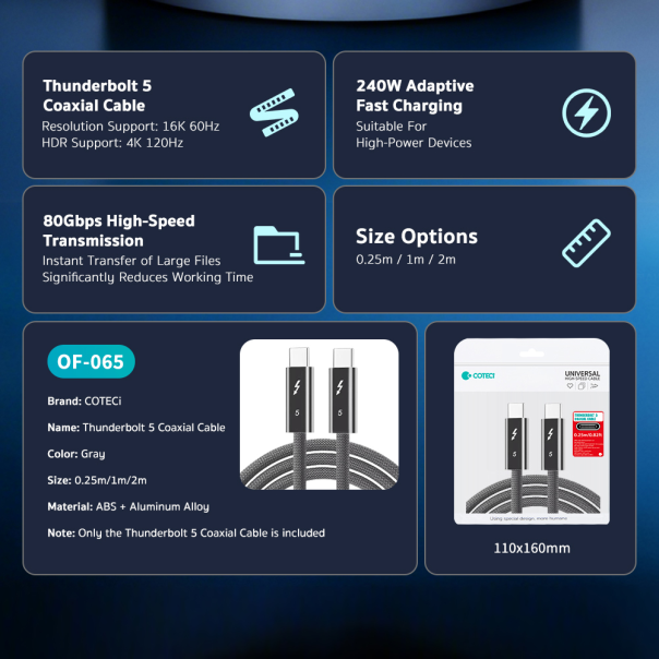 Data kabl Coteci Thunderbolt OF-065 80Gbps 240W 4k PD Type C na Type C crni 1m - 223748
