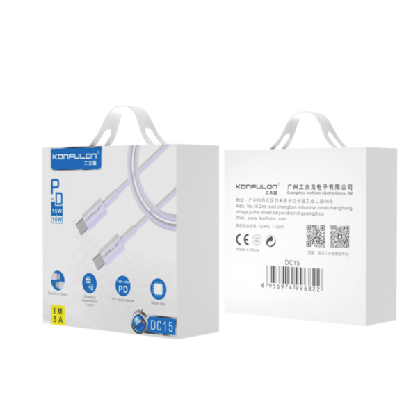 Data kabl KONFULON DC15 PD 18W Type C na Type C beli 1m - 92109