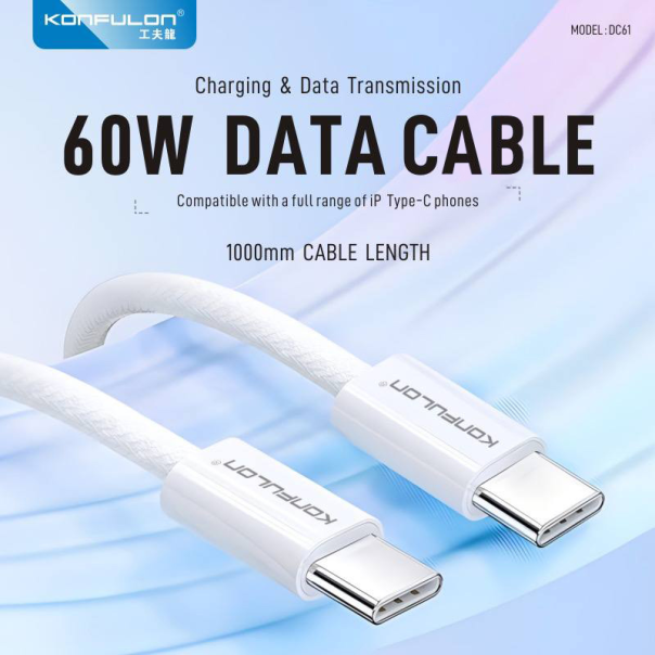 Data kabl KONFULON DC61 PD 60W Super Fast Charge za iPhone 15 Type C na Type C beli 1m - 214342
