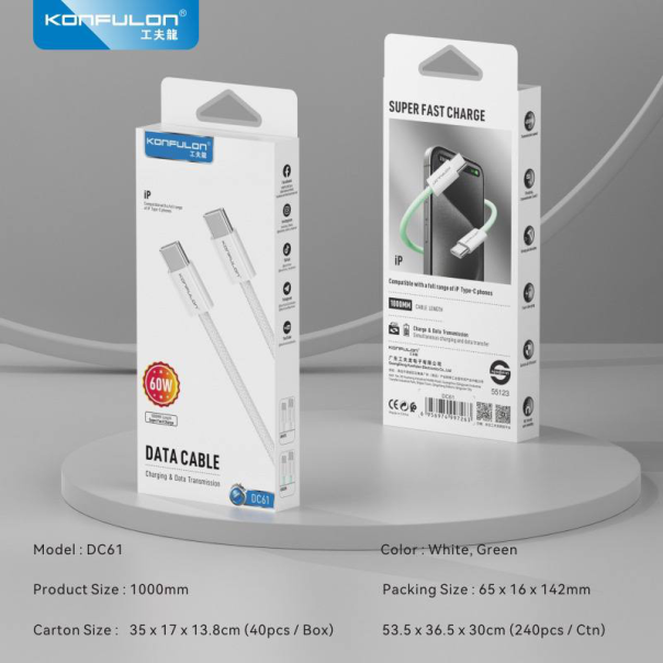 Data kabl KONFULON DC61 PD 60W Super Fast Charge za iPhone 15 Type C na Type C beli 1m - 214342