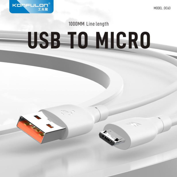 Data kabl KONFULON DC63, 3A, USB na micro USB beli 1m - 216693
