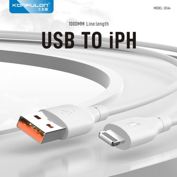 Data kabl KONFULON DC64, 3A, USB iPhone Lightning beli 1m - 216694