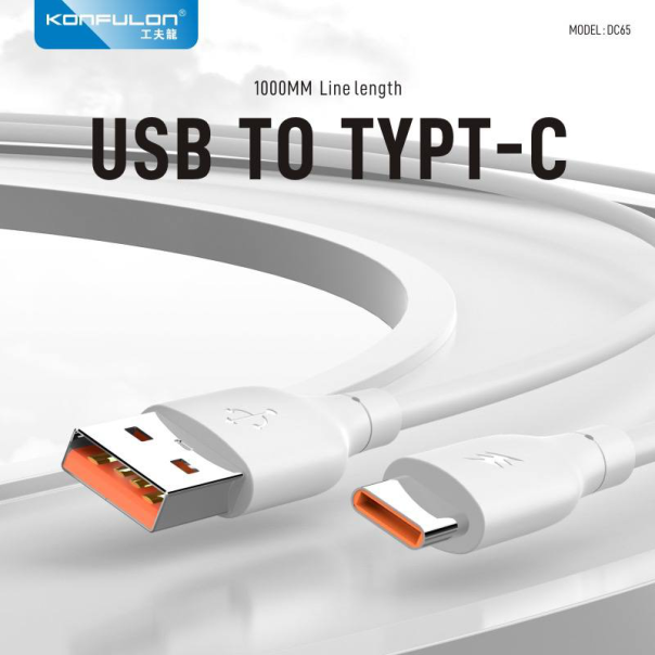 Data kabl KONFULON DC65, 3A, USB na Type C beli 1m - 216695