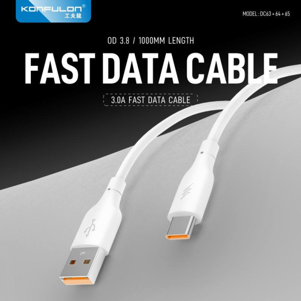 Data kabl KONFULON DC65, 3A, USB na Type C beli 1m - 216695