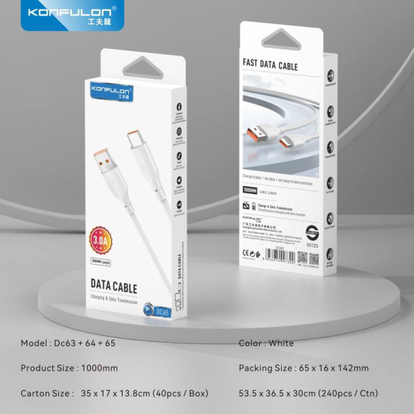 Data kabl KONFULON DC65, 3A, USB na Type C beli 1m - 216695
