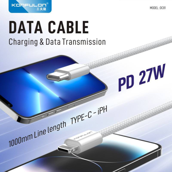 Data kabl KONFULON DC81 27W Type C na iPhone lightning beli 1m - 223236