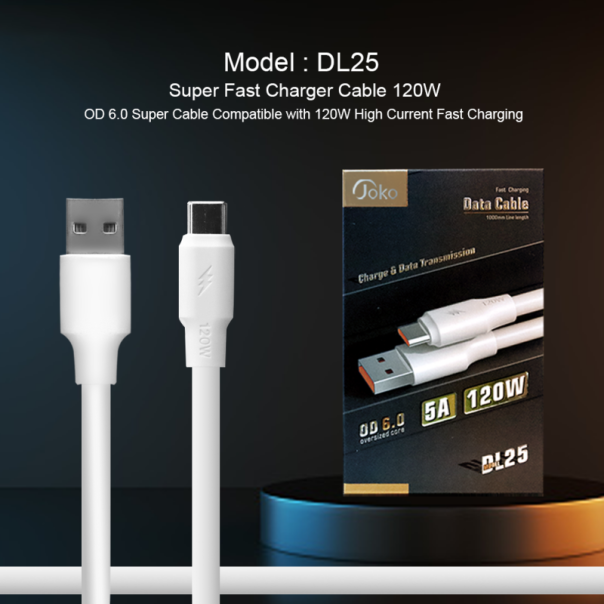 Data kabl KONFULON DL25, 5A, 120W, USB na Type C beli 1m - 202855