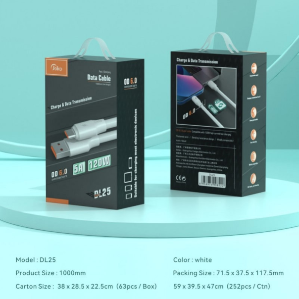 Data kabl KONFULON DL25, 5A, 120W, USB na Type C beli 1m - 202855