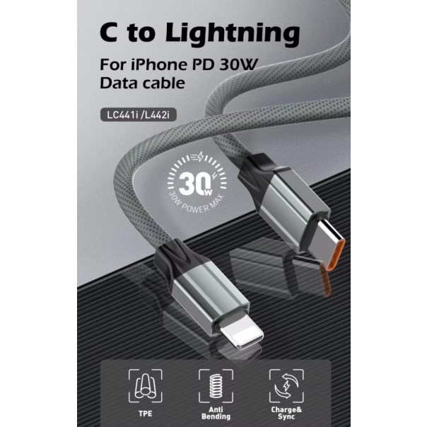 Data kabl LDNIO LC442I 30w, Type C na iPhone Lightning sivi 2m - 215601