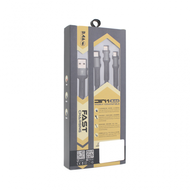 Data kabl LDNIO LC93 za iPhone lightning/Micro USB/Type C sivi 1.2m - 67319-1