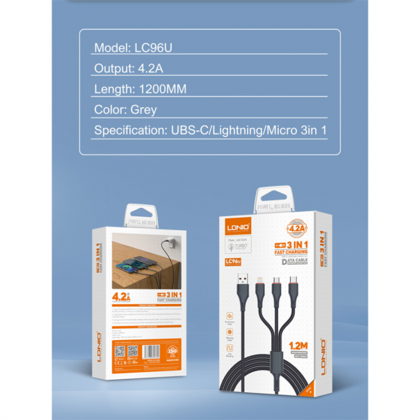 Data kabl LDNIO LC96 u 4.2A 3 u 1 sivi 1.2m - 220796