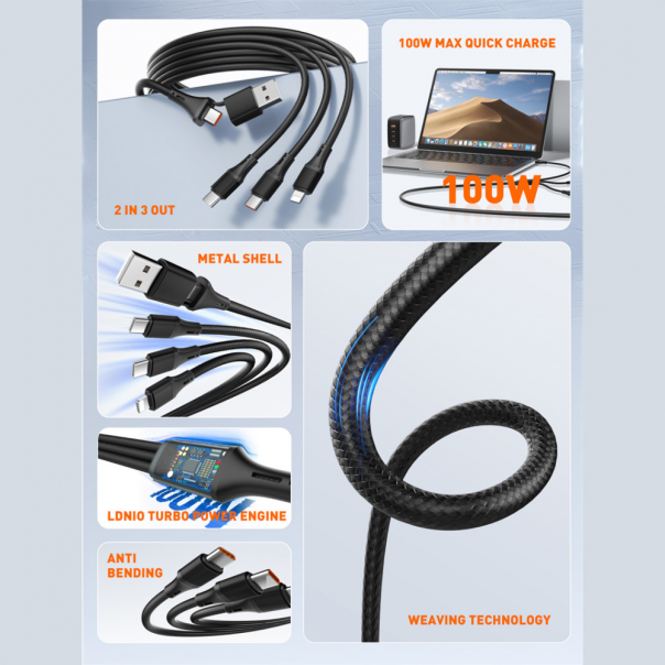 Data kabl LDNIO LC97 uc 100W 4 u 1 crni 1.2m - 220797