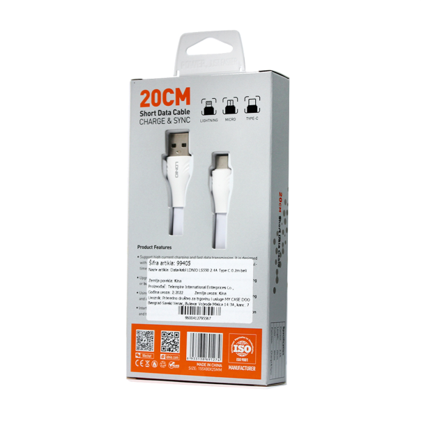 Data kabl LDNIO LS550 2.4A Type C 0.2m beli - 99405