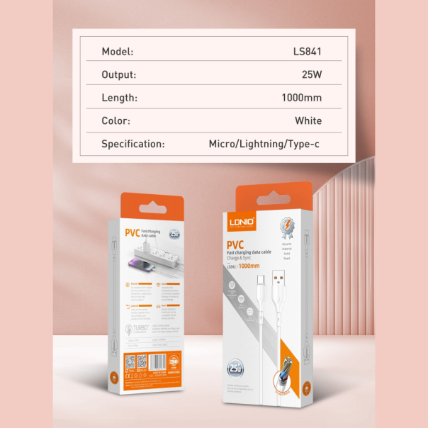 Data kabl LDNIO LS841 25W Fast Type C beli 1m - 209976-1