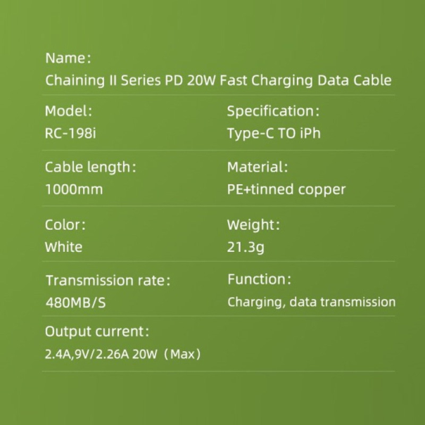 Data kabl REMAX Chaining Series II PD 20W Fast Charging RC-198i Type C na iPhone lightning beli - 210764