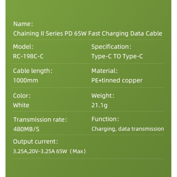 Data kabl REMAX Chaining Series II PD 65W Fast Charging RC-198 Type C na Type C beli - 210765-1