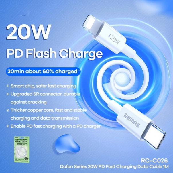 Data kabl REMAX Dofon Series 20W PD Fast Charging  1M  RC-C026 Type C na iPhone lightning beli - 210763