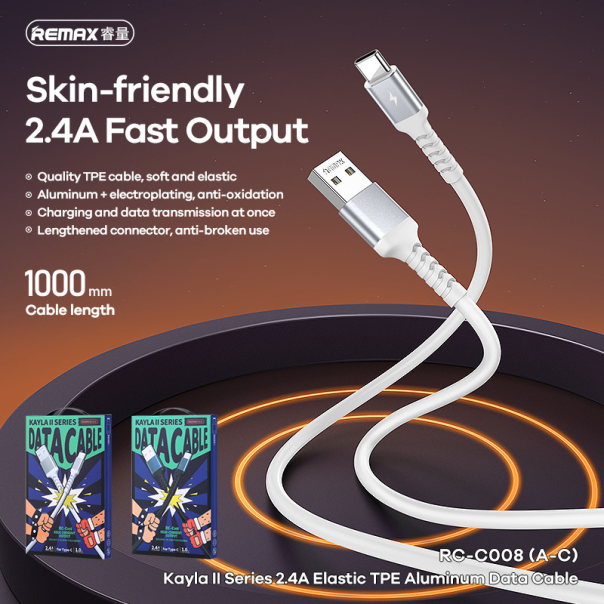 Data kabl REMAX Kayla II RC-C008 2.4 A Elastic TPE Aluminum Type C crni - 208359