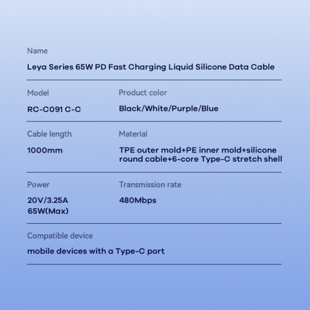 Data kabl REMAX Leya Series PD 65W Fast Charging RC-C091 Type C na Type C crni - 210767